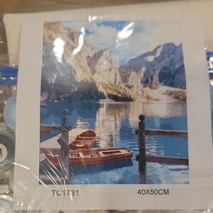 Amazon Scenic Mountain Lake Painting - Blue, Brown, White